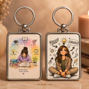 Study keychain with student, books, learning symbols, focus and motivational productivity artwork