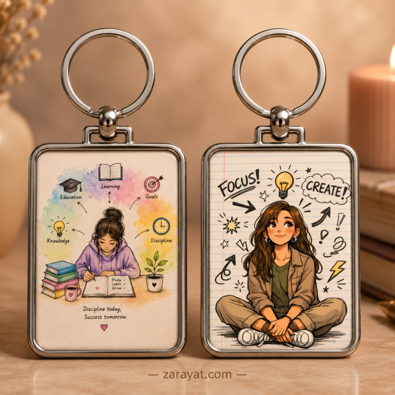 Study keychain with student, books, learning symbols, focus and motivational productivity artwork