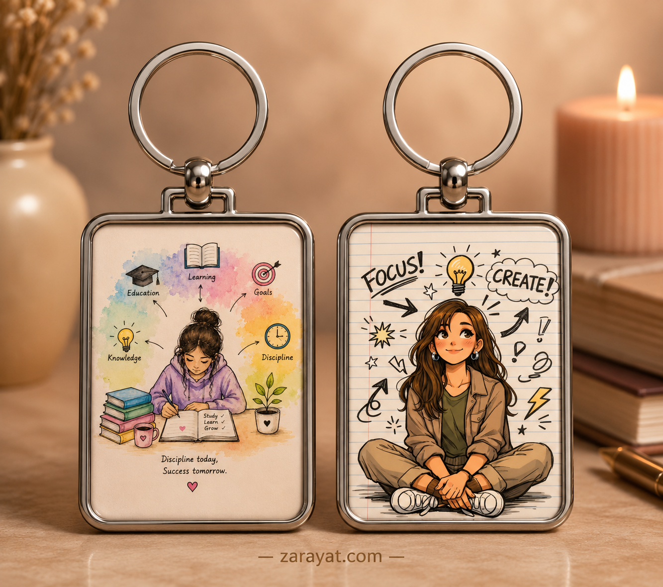 Study keychain with student, books, learning symbols, focus and motivational productivity artwork