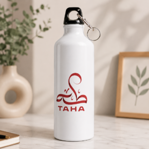 Taha name water bottle with red Arabic calligraphy and TAHA lettering on a white bottle