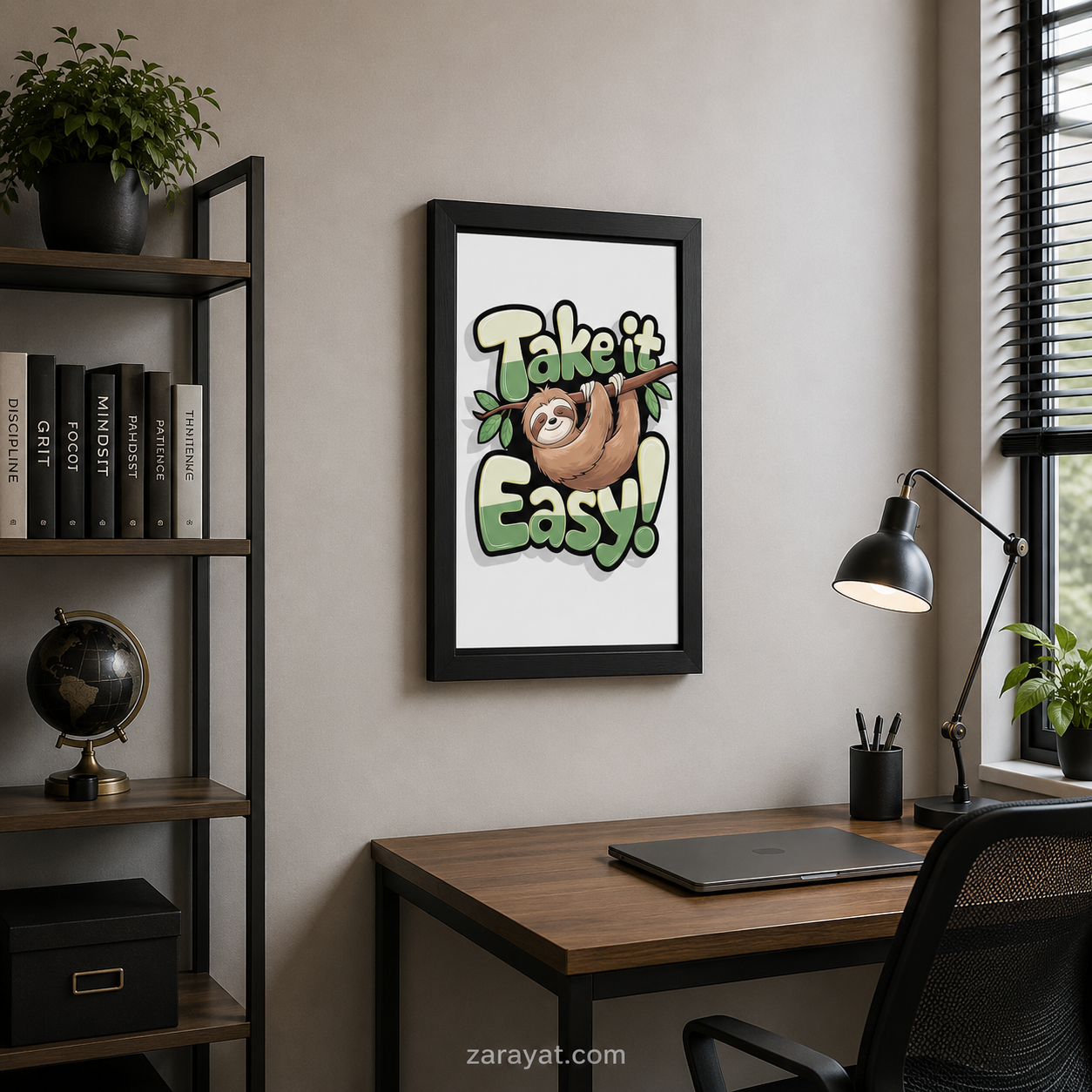 Sloth wall art featuring a playful sloth hanging from a branch with Take It Easy typography
