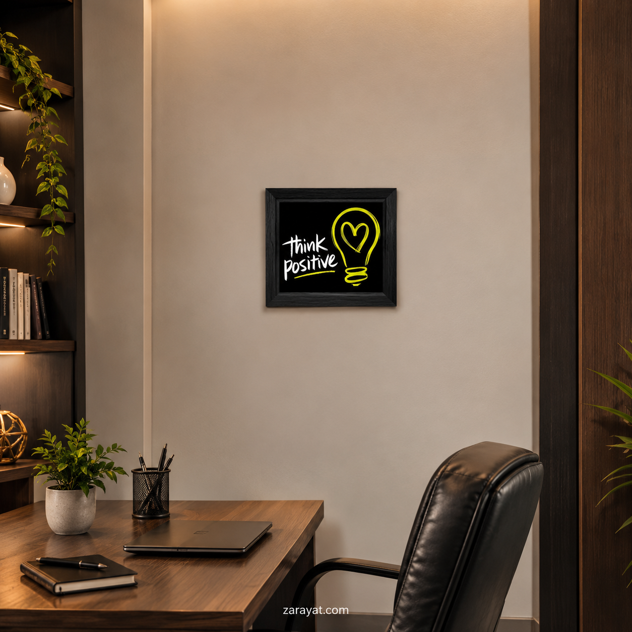 Think Positive motivational wall art with white typography and yellow light bulb design