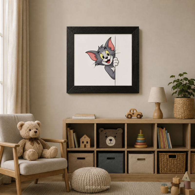 Tom cartoon framed wall art featuring a grey cat character in a children's room