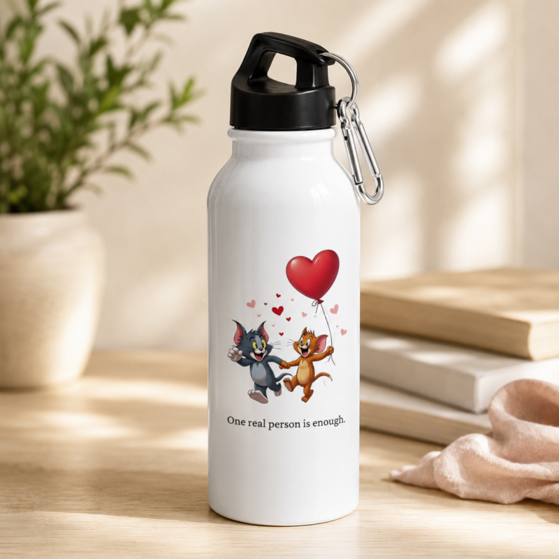 Tom and Jerry printed water bottle with red heart balloon and black lid