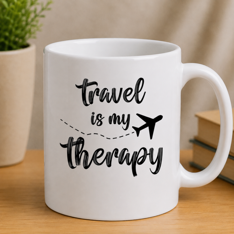 Travel Is My Therapy graphic design with white handwritten lettering, airplane and dotted flight path on black