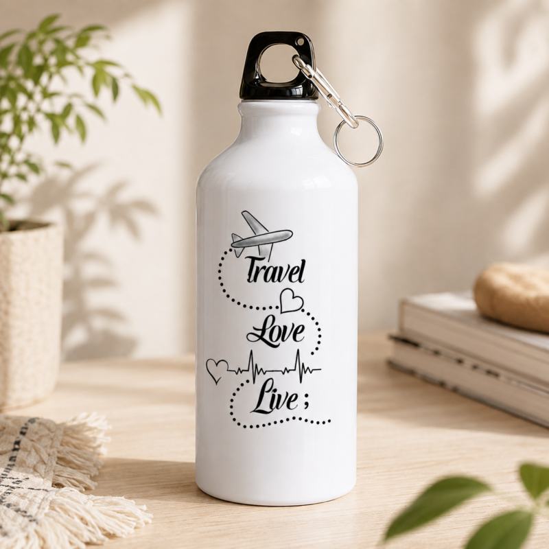 White travel water bottle with airplane, hearts and Travel Love Live graphic