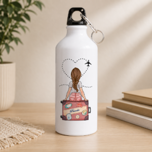 White travel water bottle with woman, pink suitcase, airplane and heart-shaped flight path design