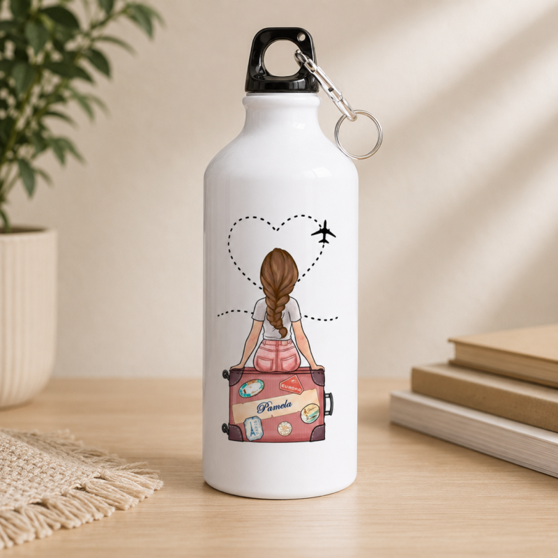 White travel water bottle with woman, pink suitcase, airplane and heart-shaped flight path design