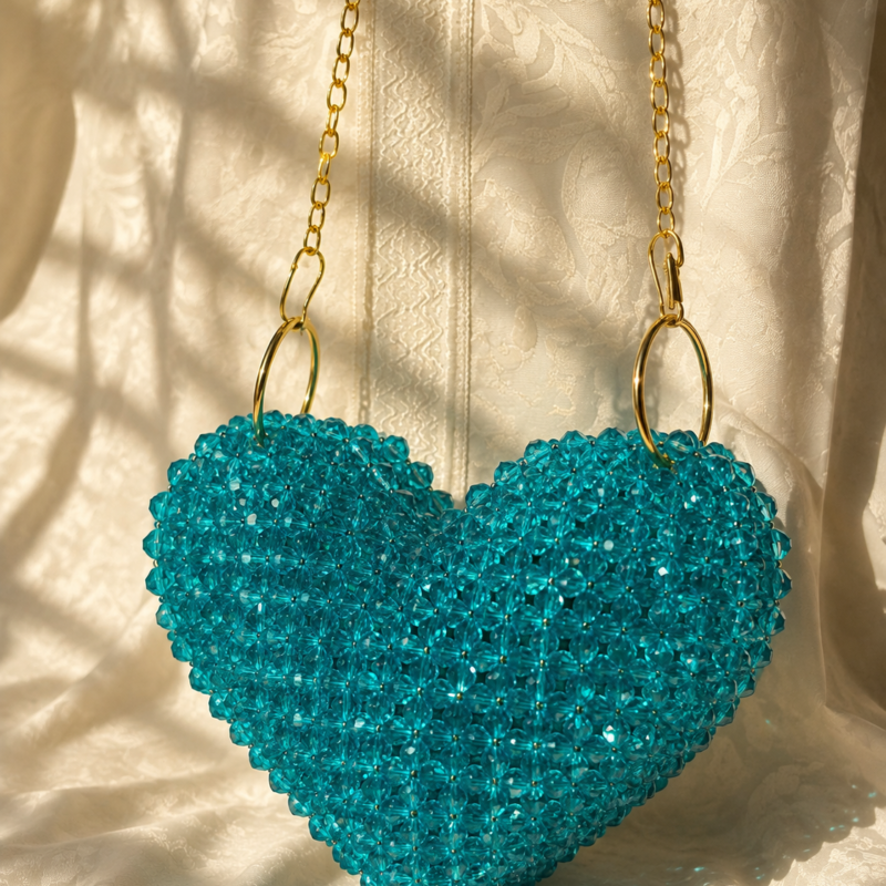 Turquoise Crystal Beaded Heart Handmade Chain Bag