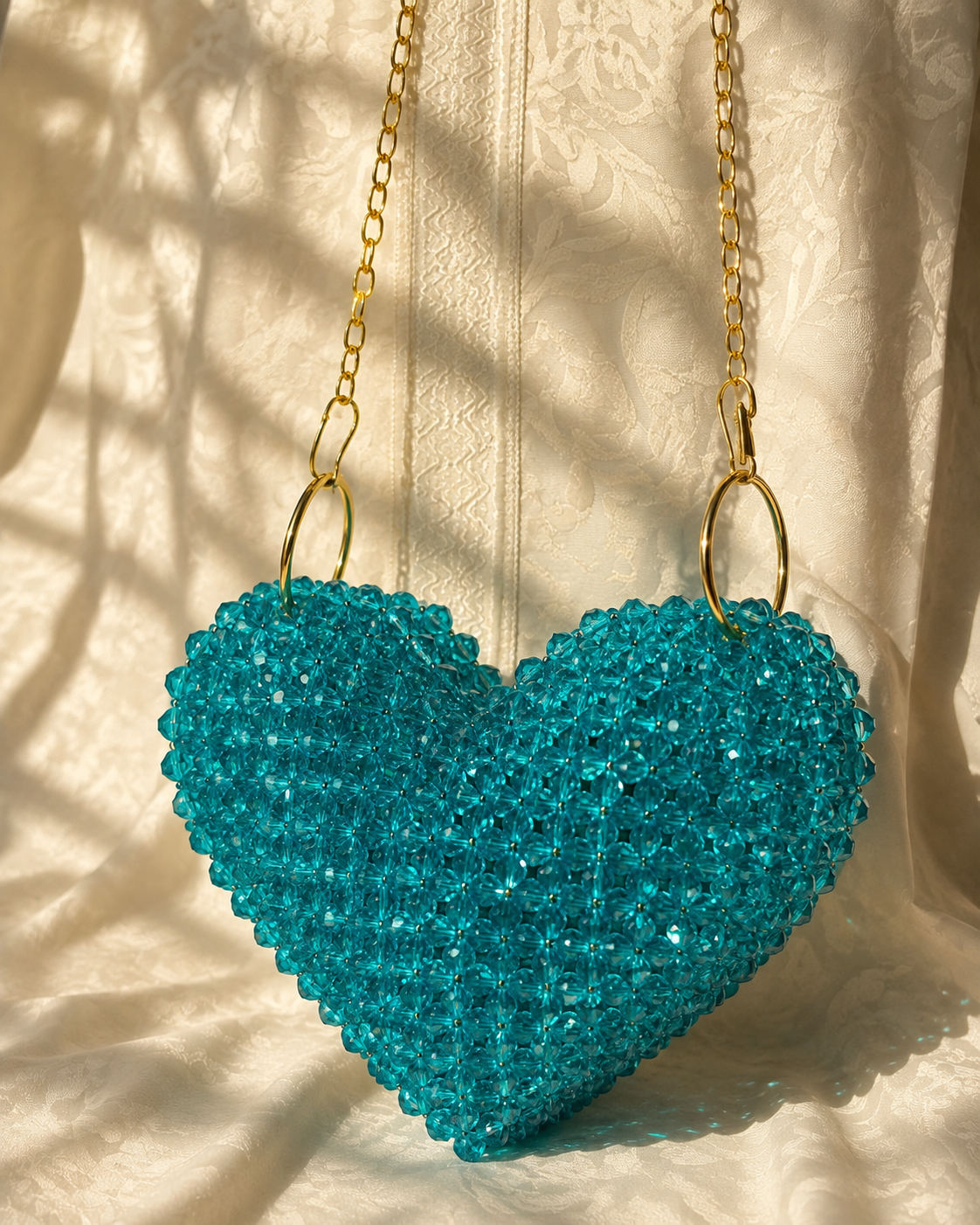 Turquoise Crystal Beaded Heart Handmade Chain Bag