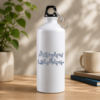 White Urdu calligraphy water bottle with dark blue Urdu lettering and black carabiner-style cap