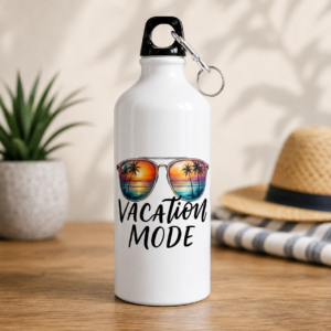 White Vacation Mode water bottle with colorful tropical sunglasses, sunset and palm tree design
