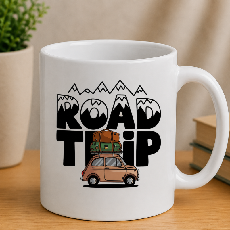 Vintage travel sticker with a retro car, luggage, mountains and “ROAD TRIP” text