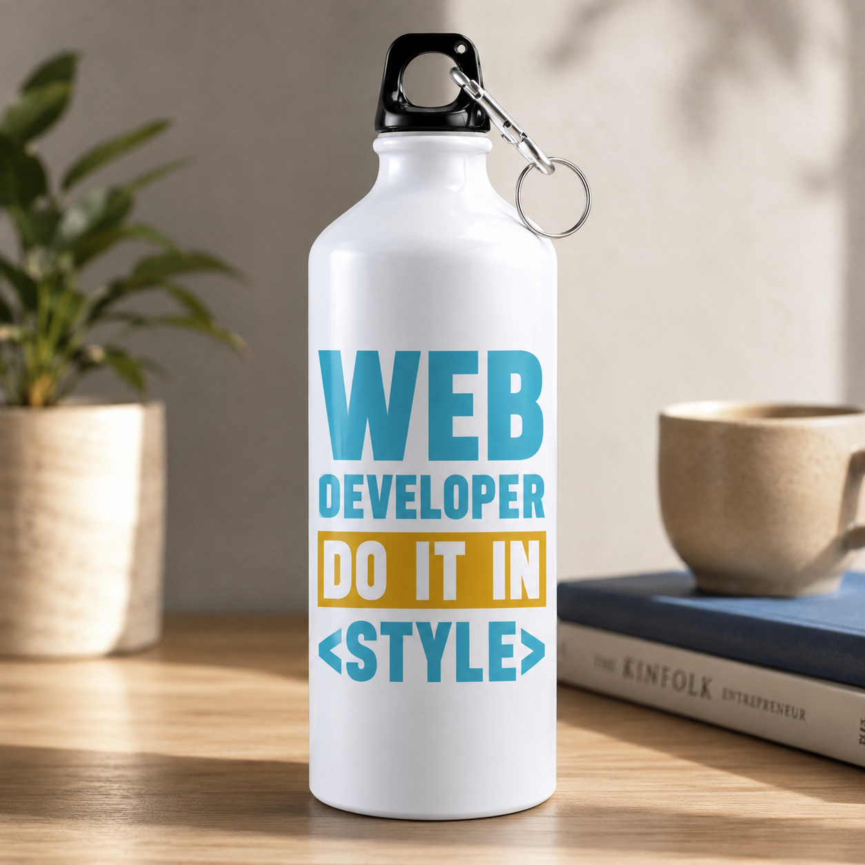 White web developer water bottle with blue WEB DEVELOPER typography and DO IT IN STYLE graphic