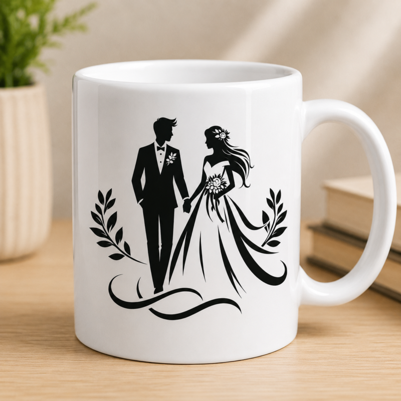 Wedding couple silhouette design showing a bride and groom holding hands with floral details