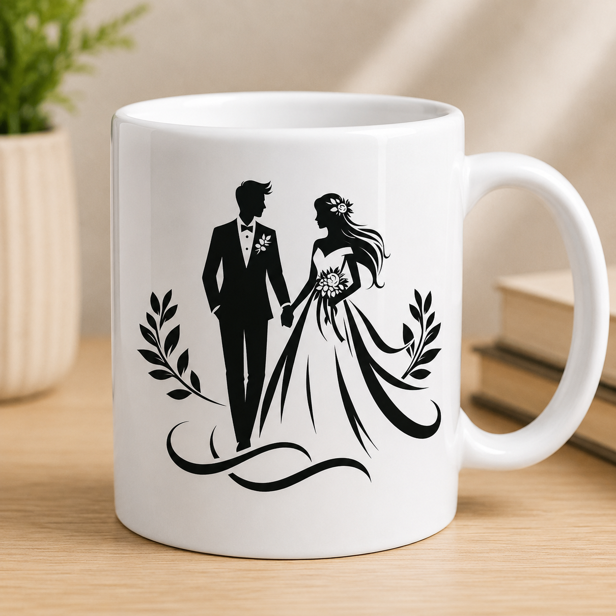 Wedding couple silhouette design showing a bride and groom holding hands with floral details