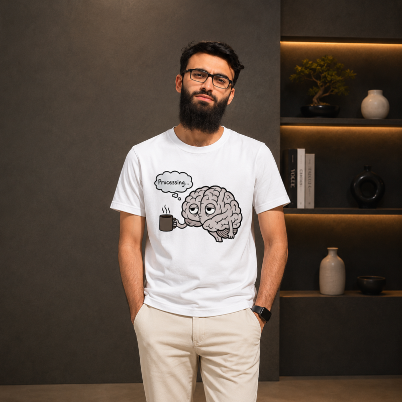 white graphic t-shirt, brain coffee t-shirt, coffee graphic t-shirt, funny graphic t-shirt, white printed t-shirt, coffee lover t-shirt, brain print t-shirt, funny coffee tee, cartoon graphic t-shirt, white graphic tee, coffee print tee, humorous t-shirt, casual graphic tee, printed t-shirt
