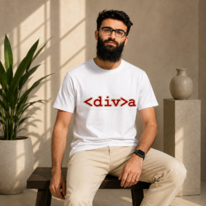 White coding graphic T-shirt with red programmer-style typography
