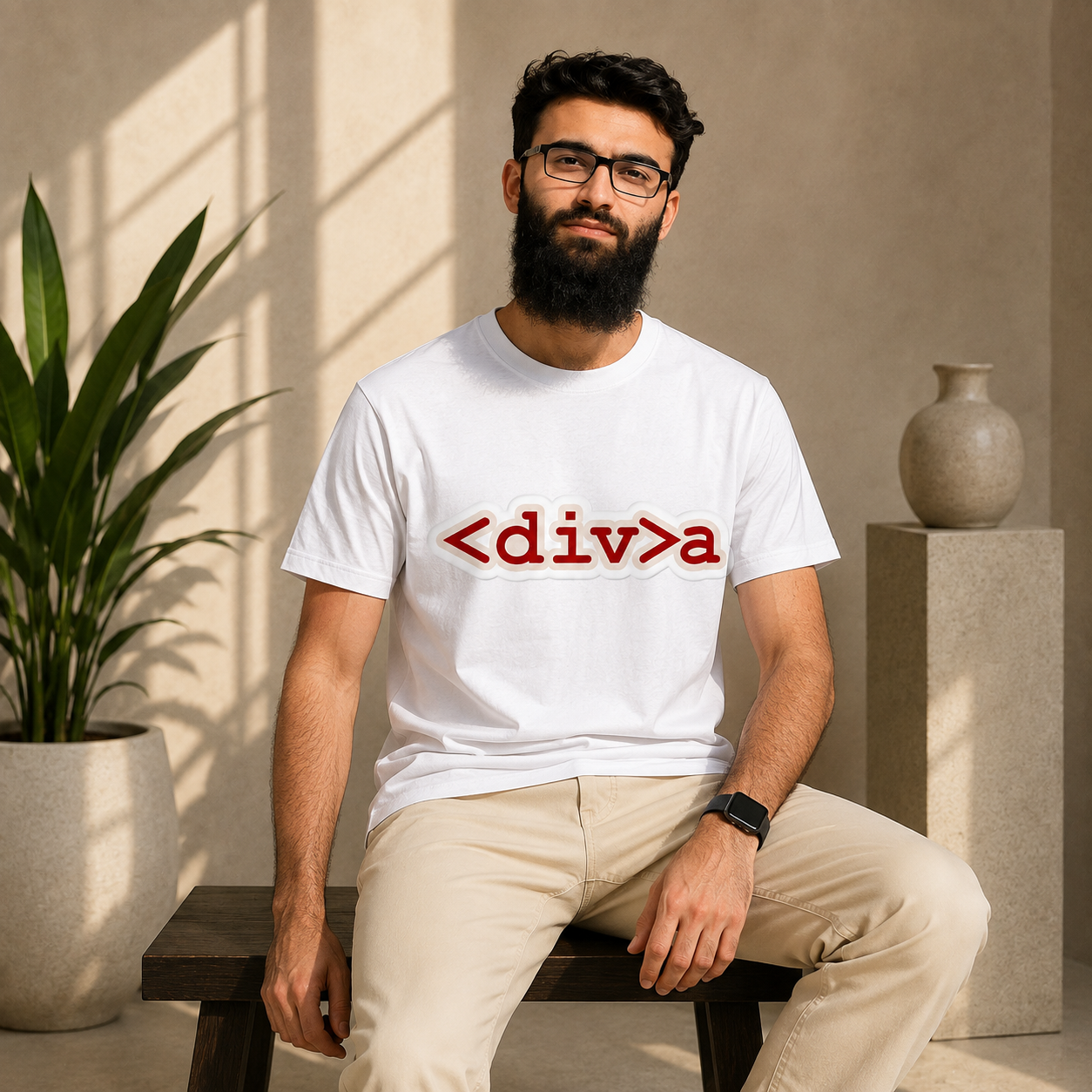 White coding graphic T-shirt with red programmer-style typography