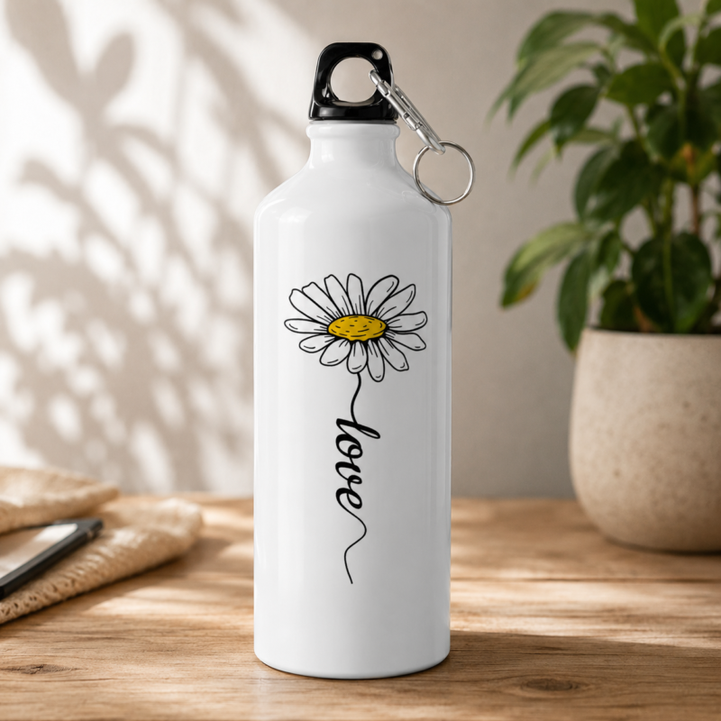 White floral love water bottle with daisy flower illustration and black script lettering