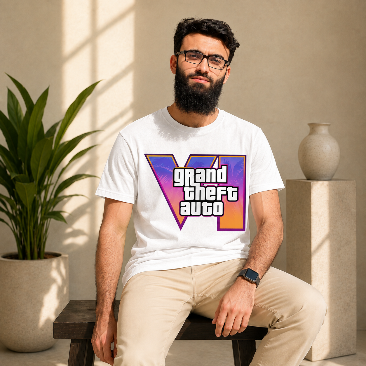 White GTA VI graphic T-shirt with Grand Theft Auto VI logo