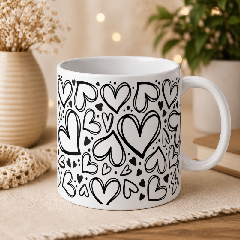 White Heart Pattern Mug with Black Outline Design