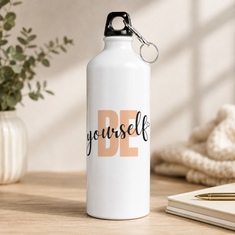 White motivational water bottle with “BE yourself” typography design and clip-on lid