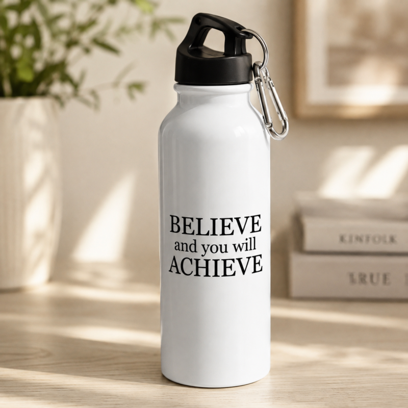 White motivational water bottle with Believe and Achieve quote, black cap and carabiner