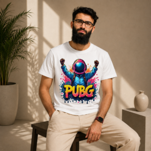 White PUBG graphic T-shirt with futuristic gaming character and colorful artwork