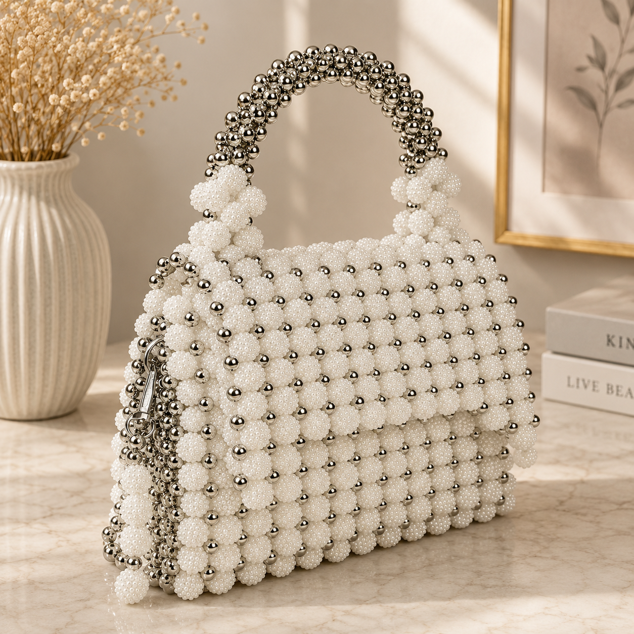 White Pearl Beaded Handmade Bag with Silver Beads