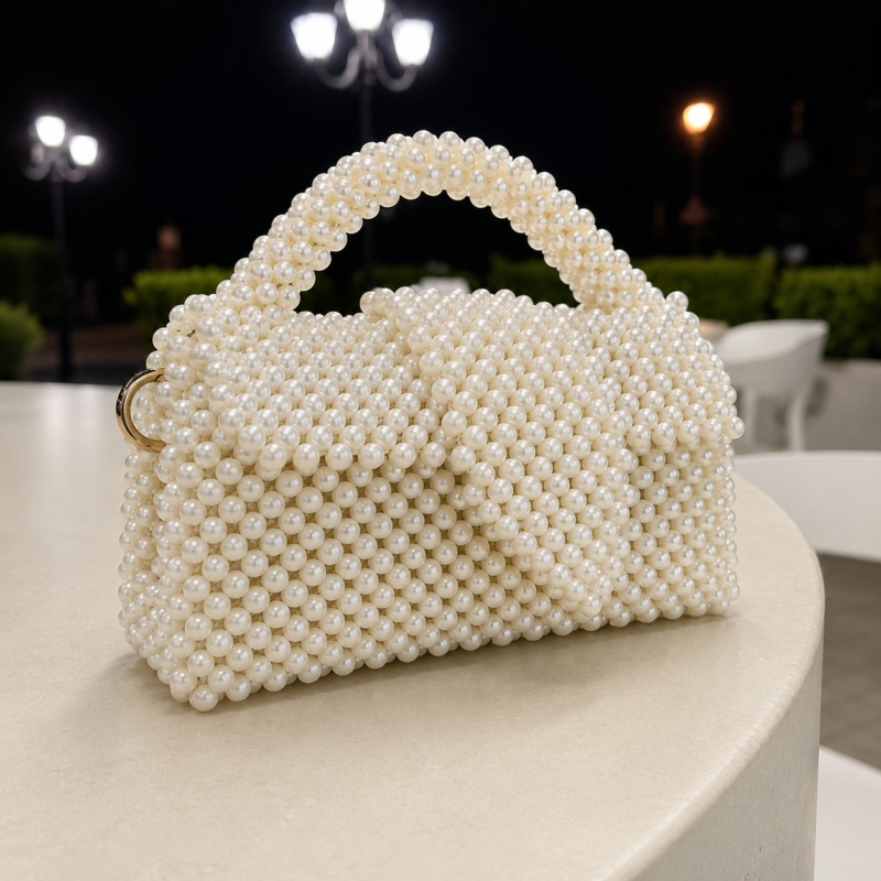 White Pearl Beaded Handmade Chain Bag