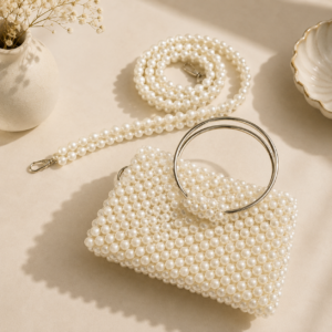 White Pearl Beaded Handmade Ring Handle Bag