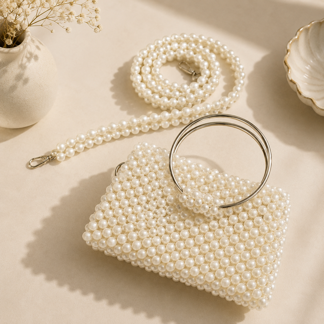 White Pearl Beaded Handmade Ring Handle Bag