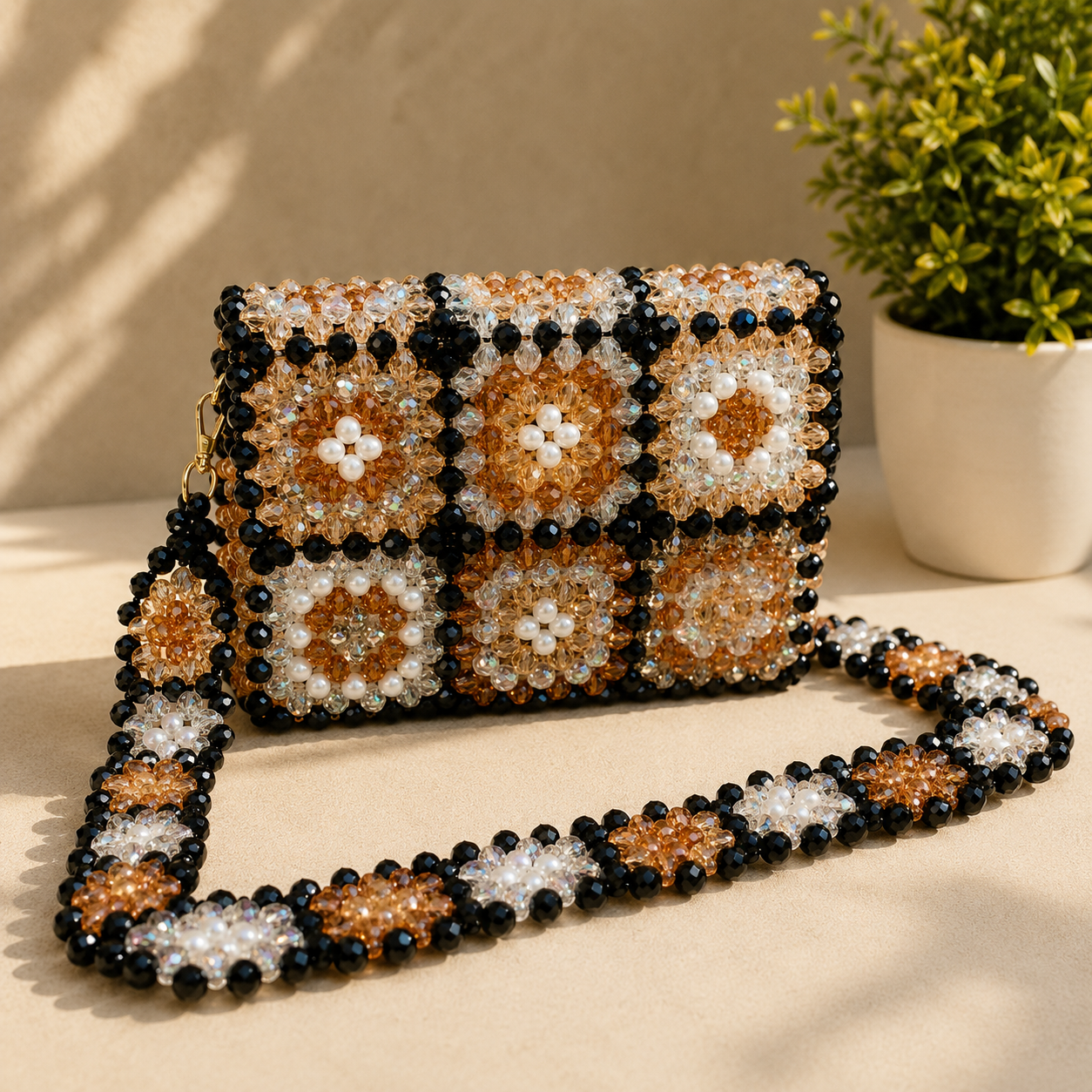 White Pearl Beaded Handmade Ring Handle Bag