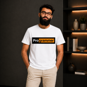 White programmer graphic T-shirt with brain and circuit design