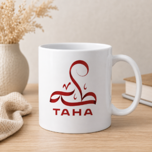 White personalized Taha name mug with red Arabic-style calligraphy and TAHA lettering