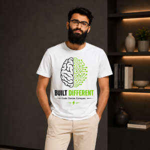 White programmer graphic T-shirt with brain and circuit design