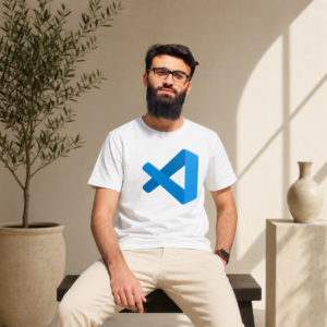 White tech graphic T-shirt with blue geometric design