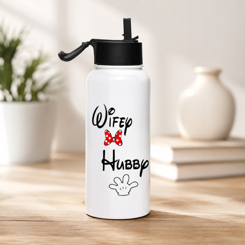 Wifey Hubby couple water bottle with red polka-dot bow and black lid