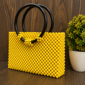 Yellow Beaded Handmade Bag with Black Handles