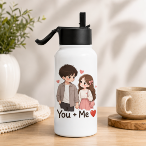 White You + Me couple gift water bottle with cartoon characters holding hands and heart designs
