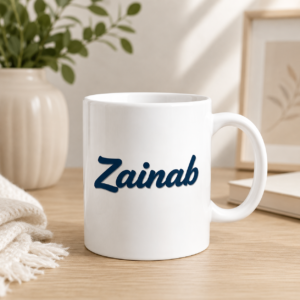 White Zainab personalized name mug with dark navy-blue lettering