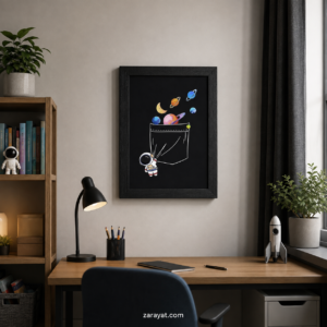 Astronaut space wall art featuring colorful planets and a crescent moon on a black background