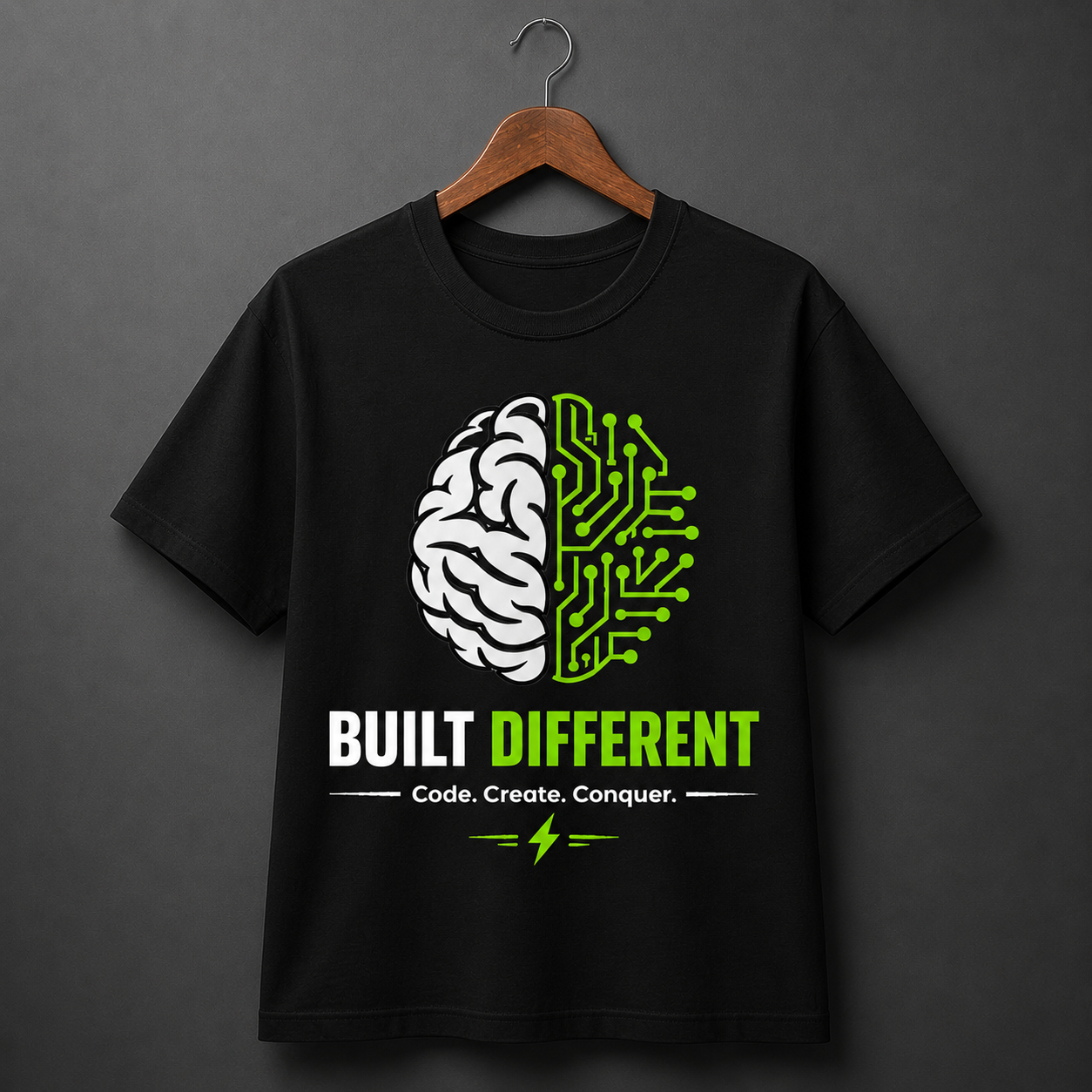 Black programmer graphic T-shirt with brain and circuit design