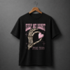 Black skeleton heart graphic T-shirt with pink heart and romantic text