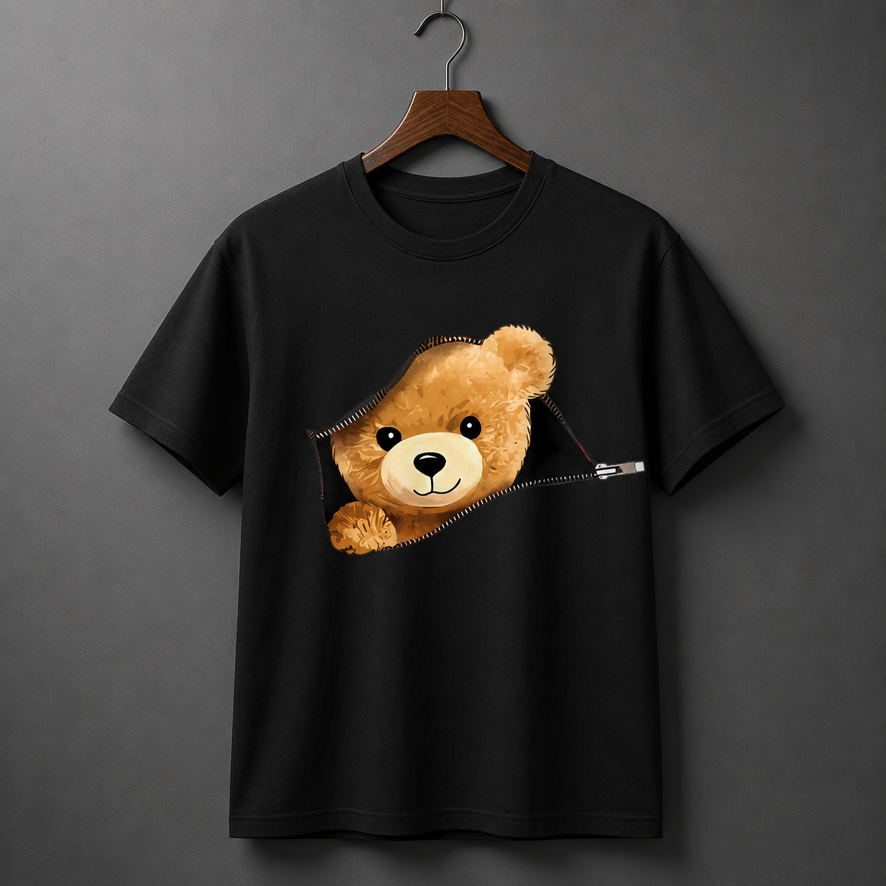 Black Teddy Bear Zipper Graphic T-Shirt