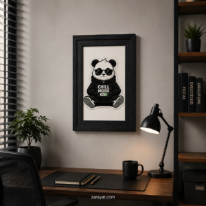 Panda framed wall art featuring a cartoon panda in sunglasses with Chill Mode On text