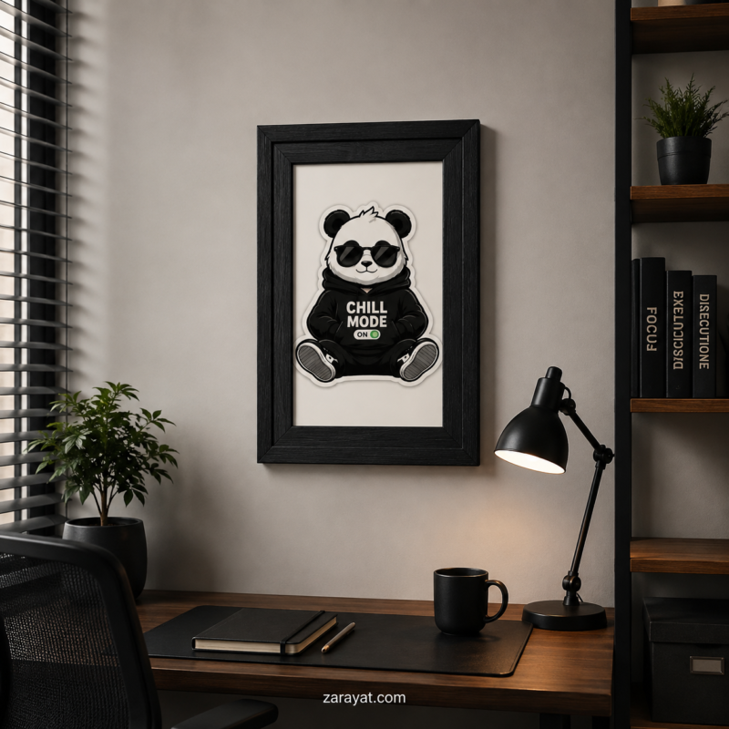 Panda framed wall art featuring a cartoon panda in sunglasses with Chill Mode On text
