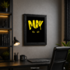 Dark Eyes graphic wall art with yellow typography and stylized eyes on a black background