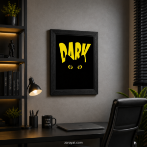 Dark Eyes graphic wall art with yellow typography and stylized eyes on a black background
